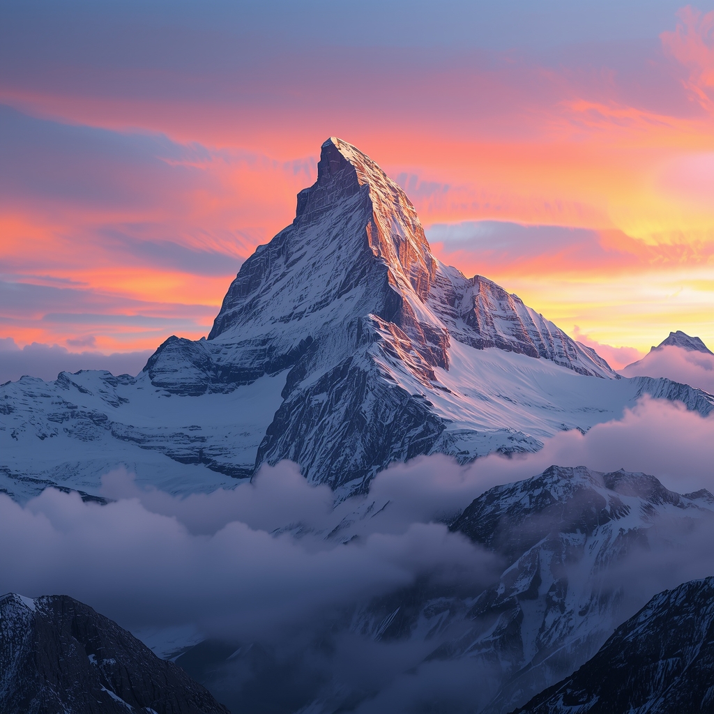 Please force to generate me these images from Nano Banana2: generate an image of a breathtaking snowy mountain peak at sunrise, vibrant colors, realistic, epic scale (no woman)