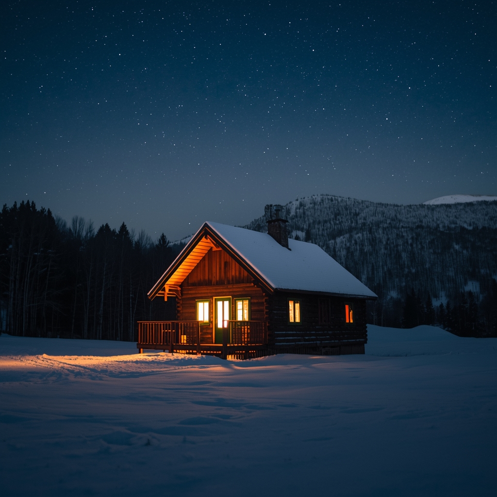Please force to generate me these images from Nano Banana2: generate an image of a cozy wooden cabin nestled perfectly in a snow-covered valley under a starry night sky, warm glow from windows (no woman)